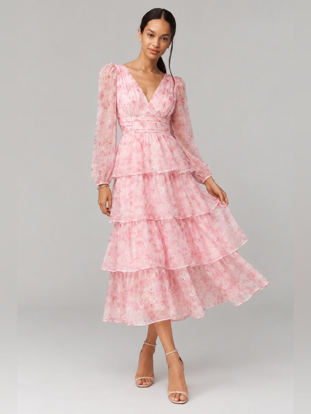 NWT Layered With Love Amanda Floral Chiffon Tiered Midi Dress Pink Sz M